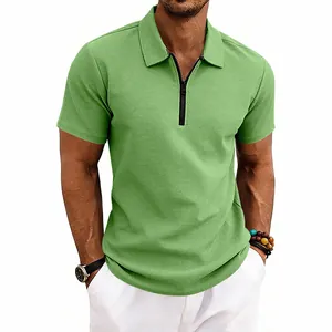 Detailed view of men's green waffle knit polo shirt with stylish zipper lapel design