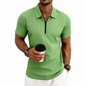 Detail view of men's light green waffle knit short sleeve polo shirt with zipper
