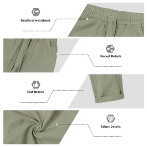 Vista detallada del pantalón de lino para hombre que muestra la cintura, bolsillo y tela