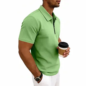 Detail view of men's green waffle knit Polo shirt featuring a modern zipper placket