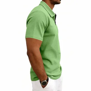 Side view of men's green waffle knit polo shirt showing textured fabric and zipper