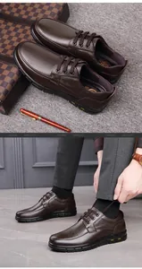 Detailed view of dark brown textured leather business casual shoes on feet and display.