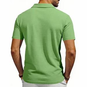 Detail back view of men's green waffle knit short sleeve polo shirt for casual golf