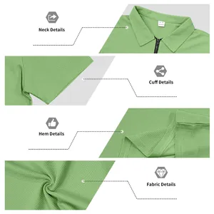 Close-up of green waffle knit polo shirt showing neck zipper, cuff, hem and fabric texture.
