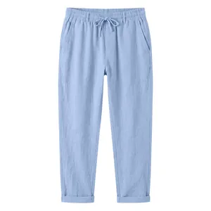 Pantalones casuales de lino azul claro para hombre con cintura elástica y corte recto