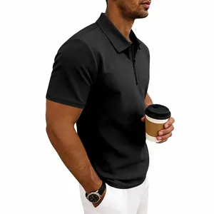 Detail of black waffle knit polo shirt for men with quarter zip and lapel collar