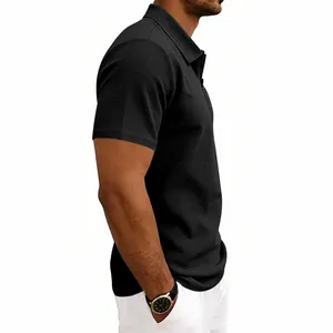Detailed side view of a men's black waffle knit short sleeve polo shirt showing texture
