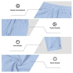Detalle de la cintura, el bolsillo, el dobladillo y la textura del lino azul para hombre.