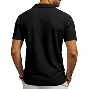Back view detail of a premium black waffle knit short sleeve polo shirt for men
