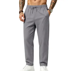 Pantalones casuales de lino gris para hombre con cordón y pernera recta