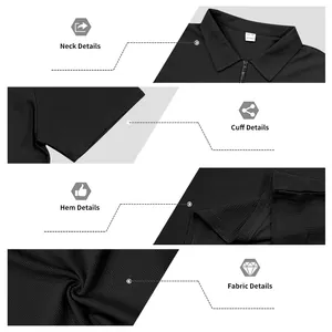 Close-up detail of black waffle knit polo shirt showing collar, cuff, hem, and fabric