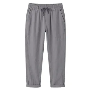 Pantalones casuales de lino gris para hombre con cordón, bajos vueltos y elástico