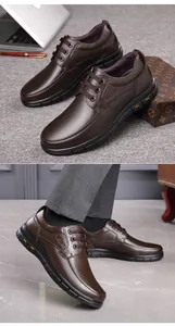 Detailed macro view of men's brown textured leather business casual shoes in lifestyle setting