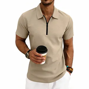 Detailed view of men's khaki waffle knit polo shirt featuring a modern zipper collar.