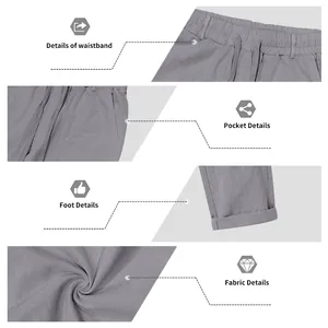 Vista detallada de la cintura, bolsillos, puños y textura de este pantalón de lino.