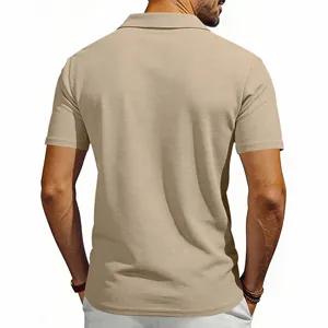 Detailed back view of a men's waffle knit short sleeve polo shirt in minimalist khaki