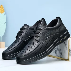 Men Business Casual Cowhide Leather Shoes Summer Breathable Hollow-out Lace-up Formal Shoes Non-slip Rubber Sole Loafers