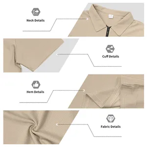 Close-up views of waffle polo shirt showing neck, cuff, hem, and fabric texture details.