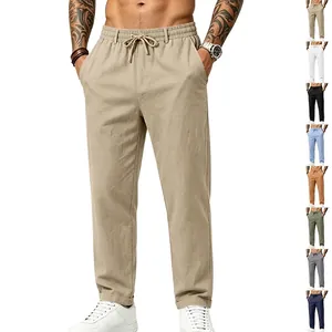 Pantalones Casuales de Lino para Hombre Pierna Recta Ajuste Holgado Americano Pantalones con Cordón para Vacaciones Uso Diario Transpirable Sin Planchado