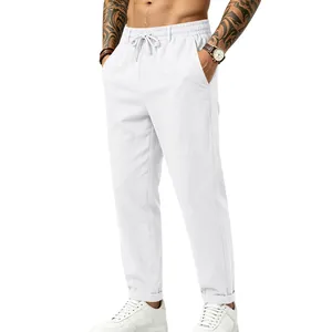 Pantalones casuales de lino blanco para hombre, corte holgado con cordón ajustable
