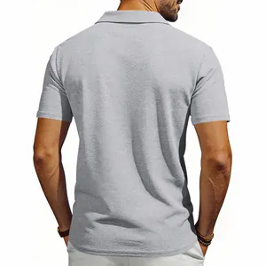 Back view of men's grey waffle knit short sleeve polo shirt with classic collar