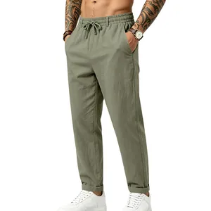 Pantalón de lino verde salvia para hombre con cordón y un cómodo corte de pierna recta