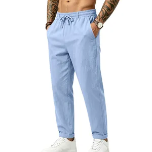 Pantalón de lino casual para hombre en azul claro con cordón ajustable y corte recto