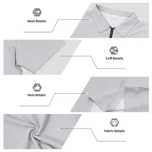 Detailed close-up views of grey waffle knit polo shirt showing neck cuff and fabric texture
