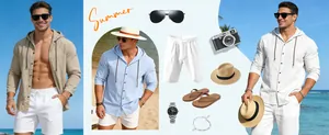 Lifestyle-Anzeige für langärmelige Leinenhemden mit Kapuze für Herren für den Strand