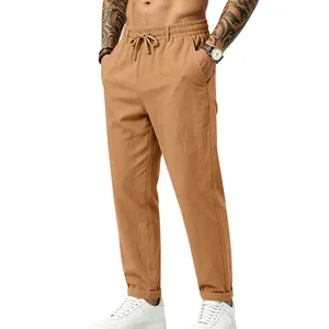 Pantalones casuales de lino para hombre con cordón, corte recto holgado para relax