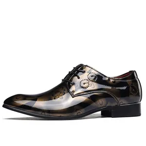 Professional side profile of men's bronze and black mirror-finish business oxford shoes
