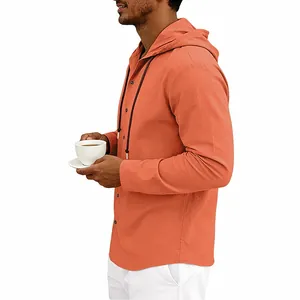 Oranges langärmeliges Leinenhemd mit Kapuze für Herren im lässigen Kordelzug-Design