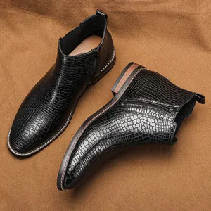 Bottines Chelsea noires classiques pour hommes avec motif crocodile et fermeture éclair