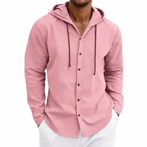 Lässiges rosa Herren-Leinenhemd mit Kapuze und Kordelzug Detail