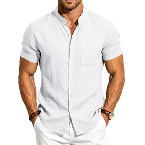 Men's white linen short sleeve shirt with stand collar and pocket summer casual