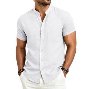 Detail view of a men's white linen short sleeve shirt with stand collar and pocket