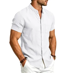 Men's summer casual white linen shirt with stand collar and pocket