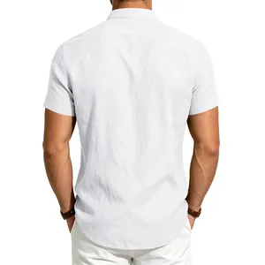 Back view showing the fabric texture and fit of the white linen shirt with stand collar