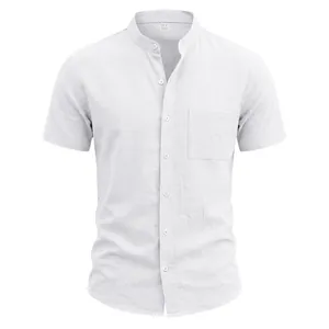 High-quality white linen men's casual shirt featuring a retro mandarin collar and pocket