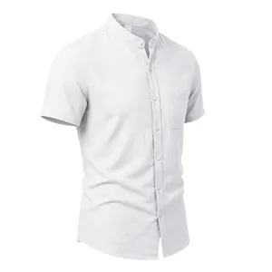 Close-up of white linen short-sleeve shirt with mandarin collar and chest pocket