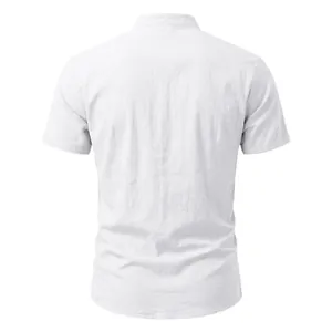 Back view detail of a minimalist men's white linen short sleeve shirt with stand collar