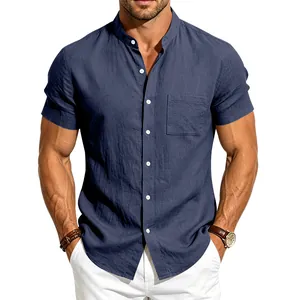 Close-up of navy blue men's linen short-sleeve shirt with stand-up collar and front pocket