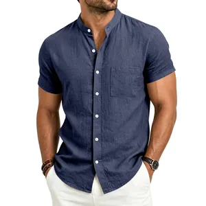 Close-up of men's navy linen short sleeve shirt with a minimalist stand collar design