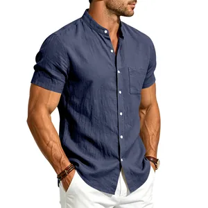 Detailed view of men's navy blue linen short sleeve shirt with classic stand collar