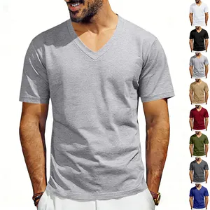 T-shirt classique col en V pour hommes en plusieurs couleurs unies, coton doux, grandes tailles