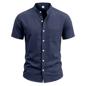 Front view detail of a navy blue linen shirt with a Mandarin collar and white buttons