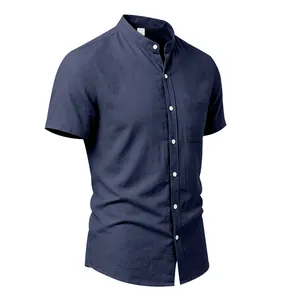 Detailed side view of navy blue linen shirt with grandad collar and white buttons
