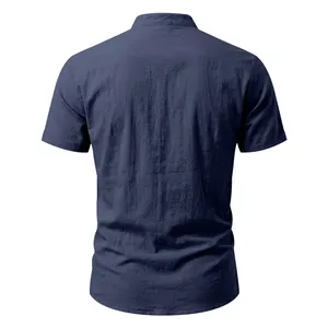 Back view of a men's navy blue linen casual shirt with short sleeves and stand collar.