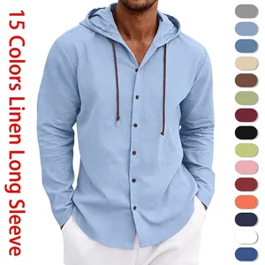 Herren Casual Leinen Langarm Kapuzenhemd Einfarbig Leicht Atmungsaktiv Strandurlaub Button Down Top Bluse