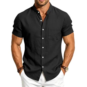 Detail of men's vintage black stand collar linen shirt with textured fabric finish